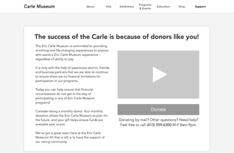 Wireframe concept for the Eric Carle Museum support landing page
