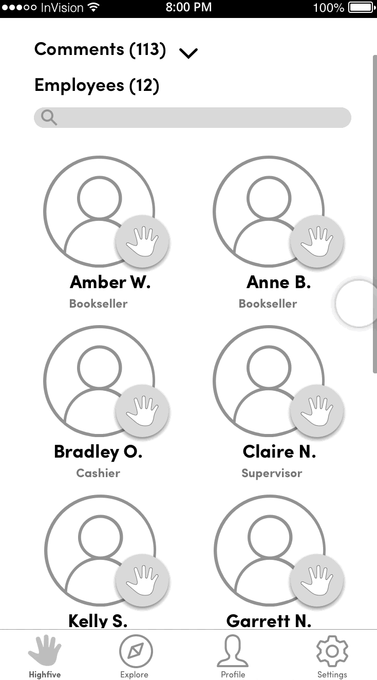 Usability-test prototype showing the employee listing and high-five action