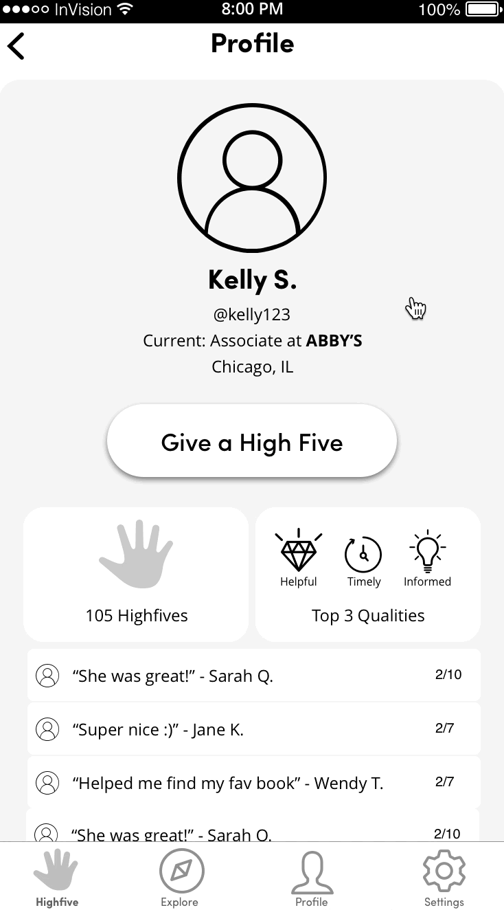 Usability-test prototype showing an employee profile with a Give a High Five action