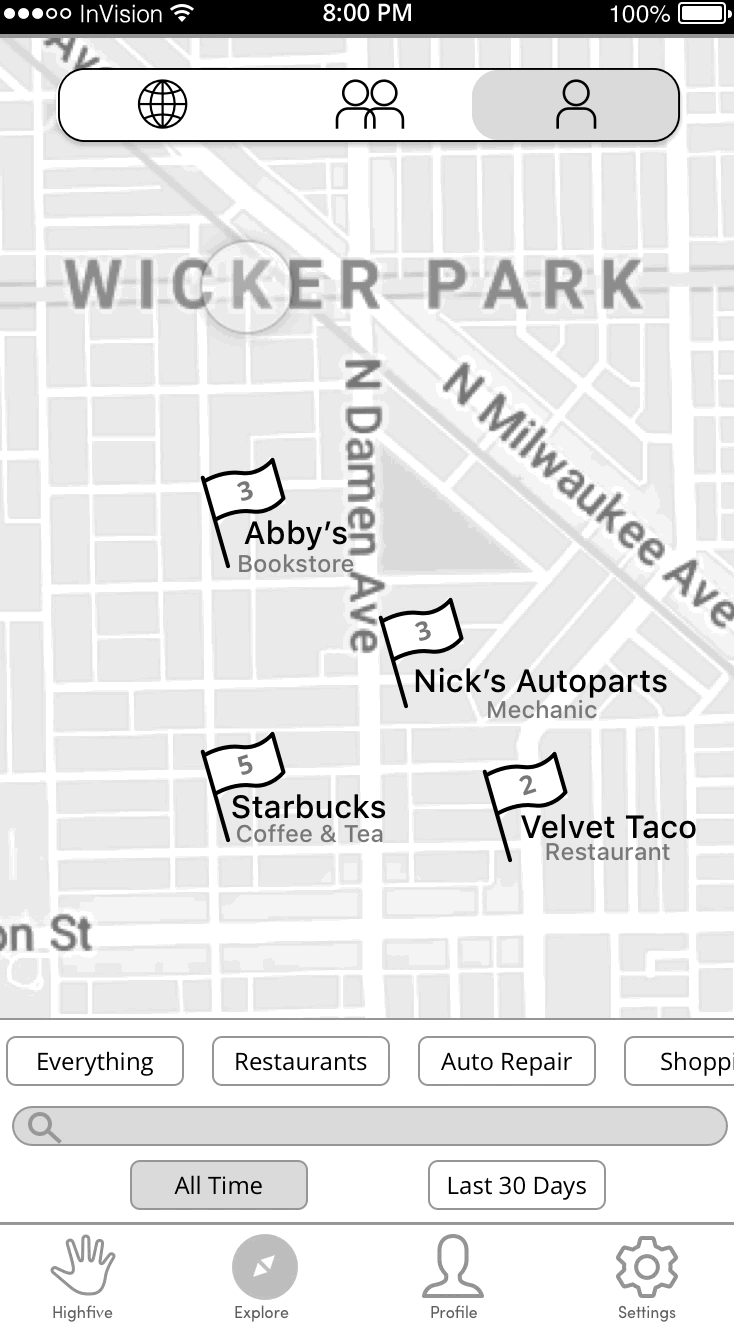 Usability-test prototype showing the Explore map and filtering controls