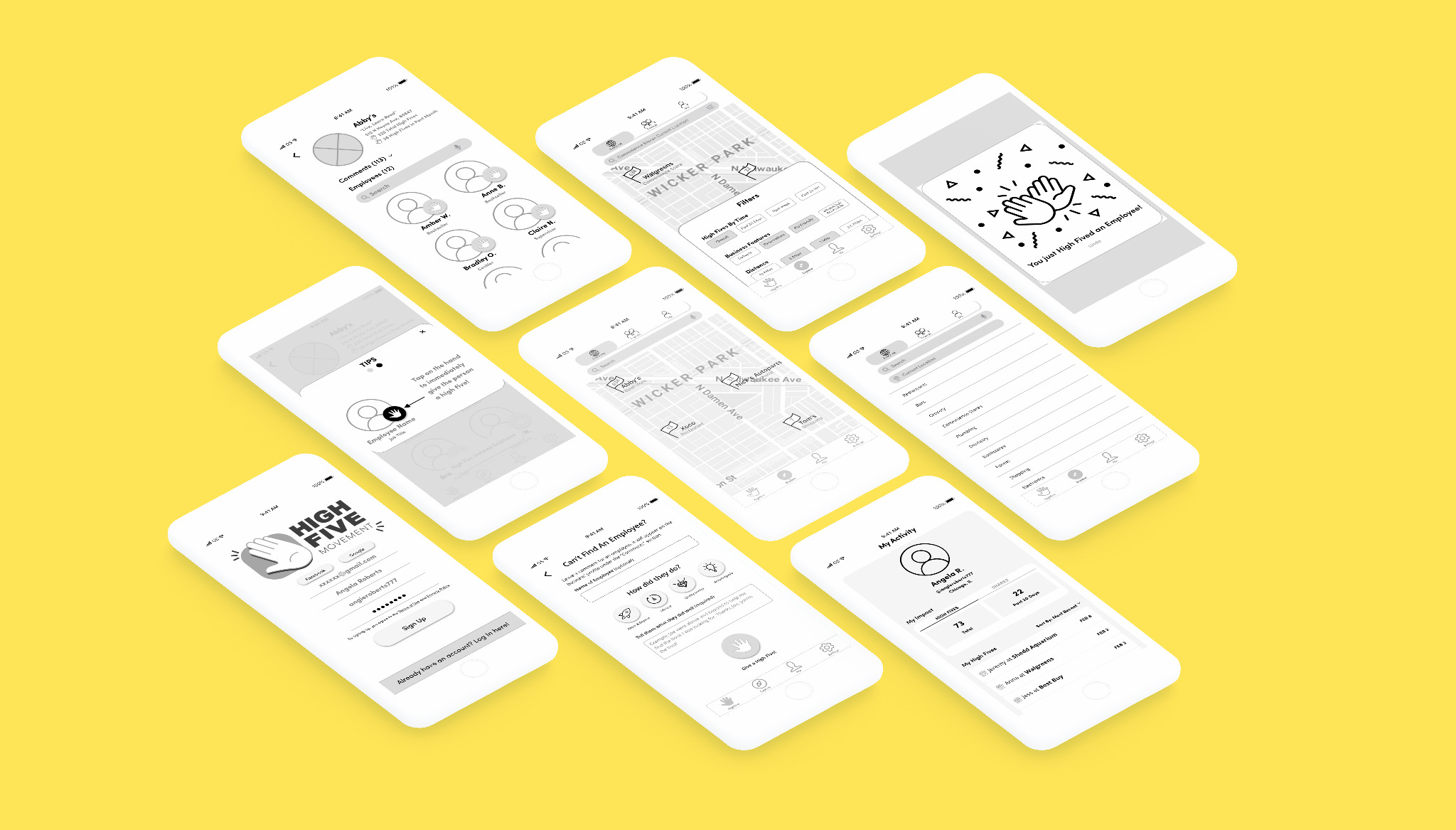 Collection of final High Five Movement prototype screens