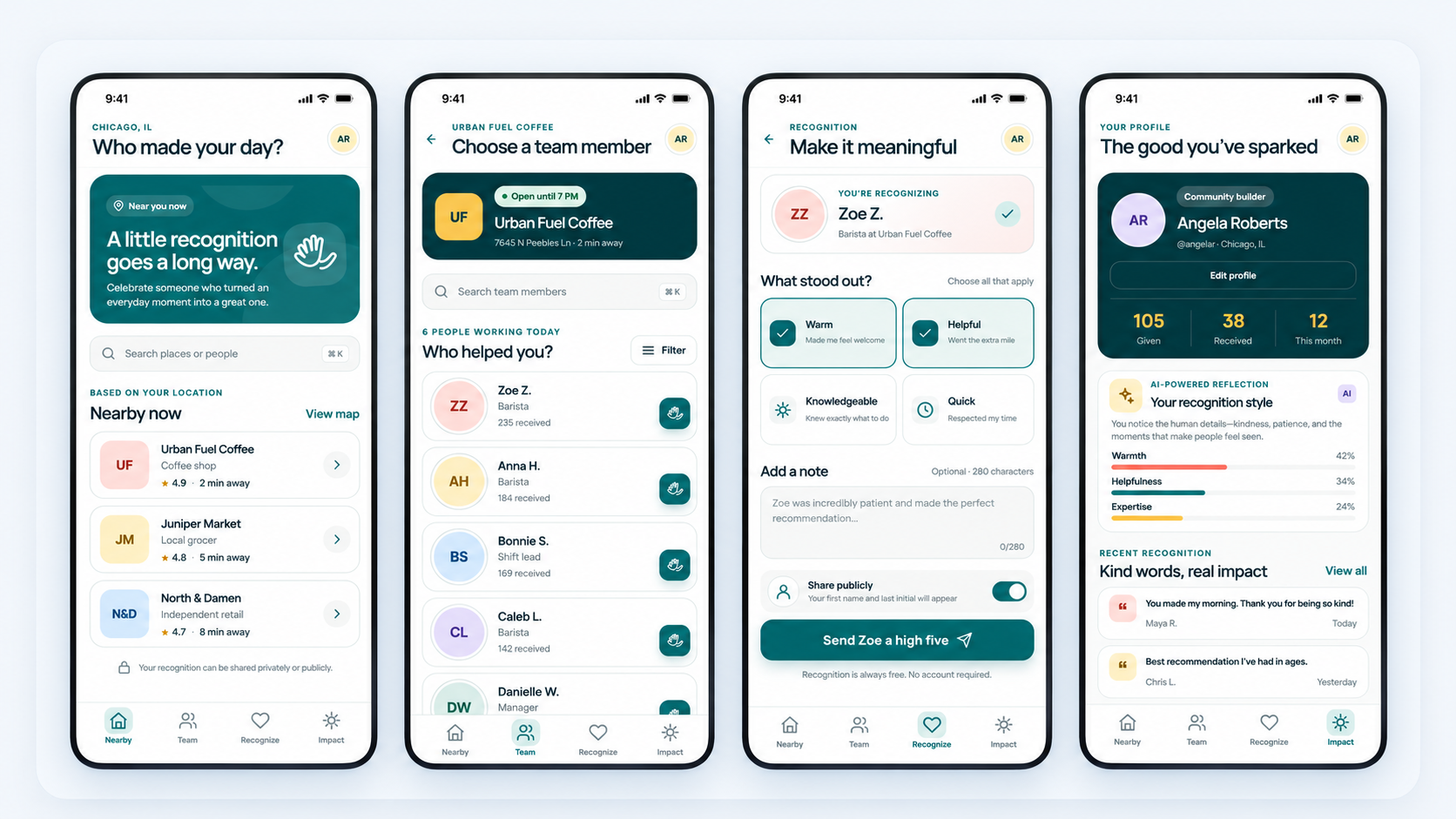 Four polished High Five Movement concept screens showing nearby discovery, team selection, recognition, and personal impact