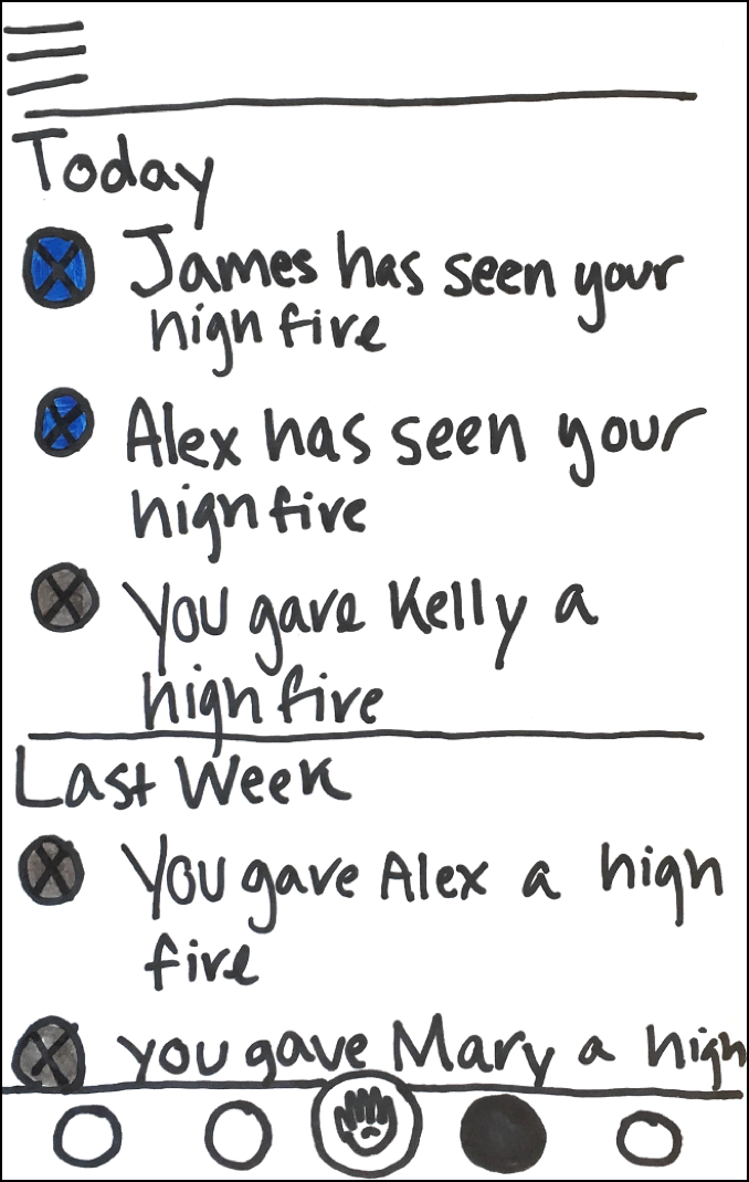 Paper prototype showing high-five activity and receipt status