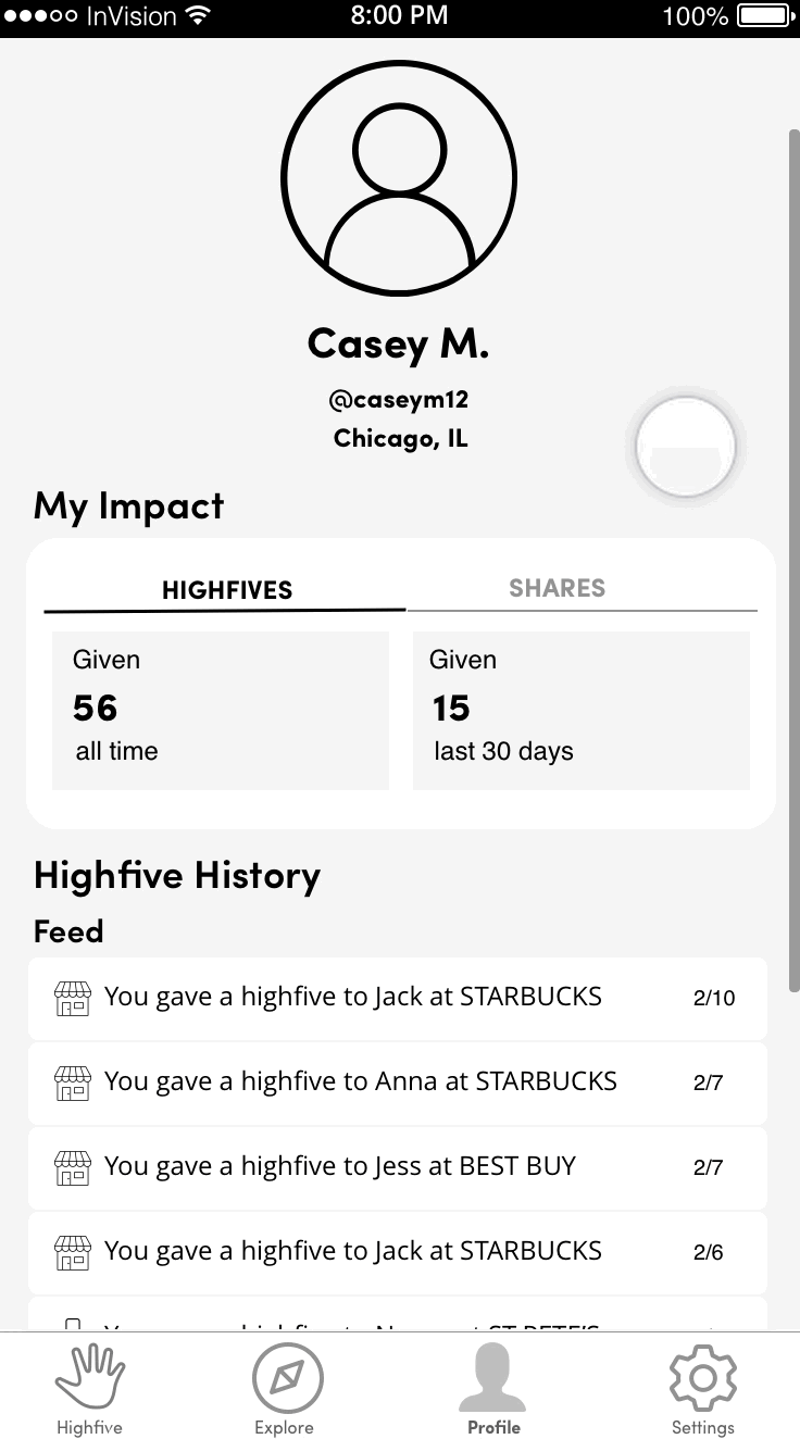 Usability-test prototype showing the patron profile and impact history