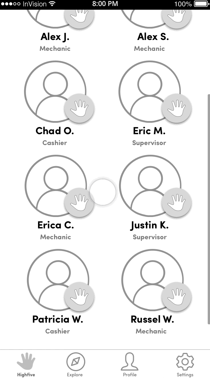 Usability-test prototype showing the flow for recognizing an unlisted employee