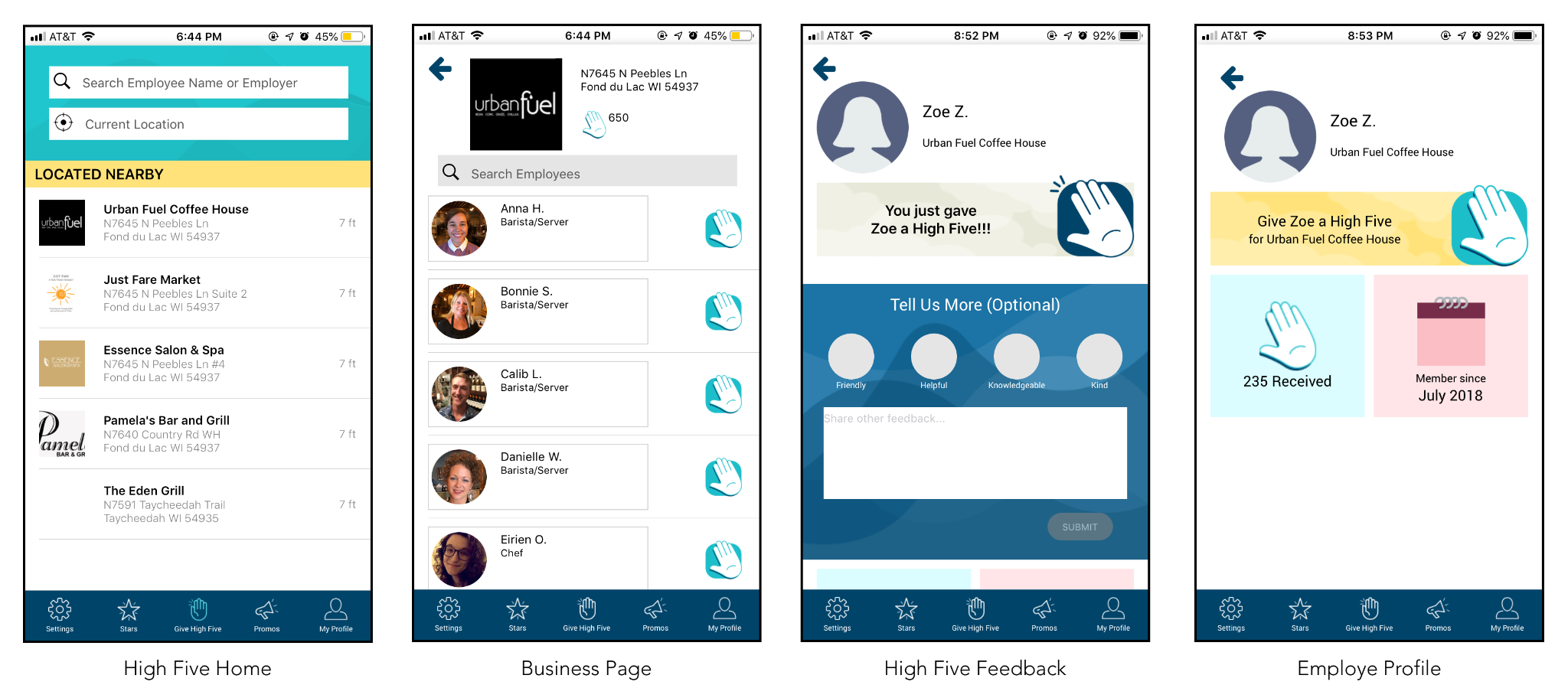 Screens from the existing High Five Movement beta app