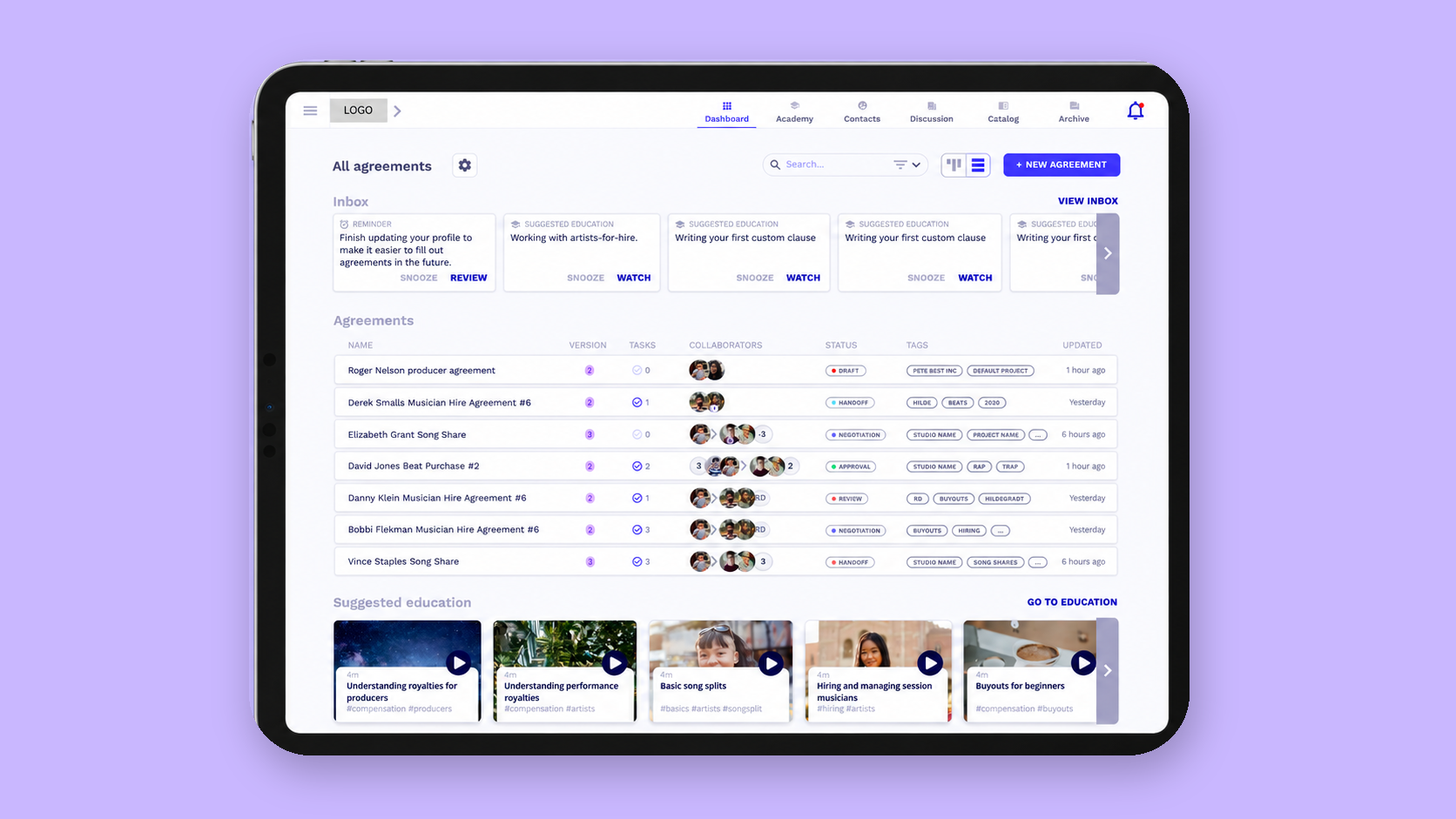 Music industry contract dashboard